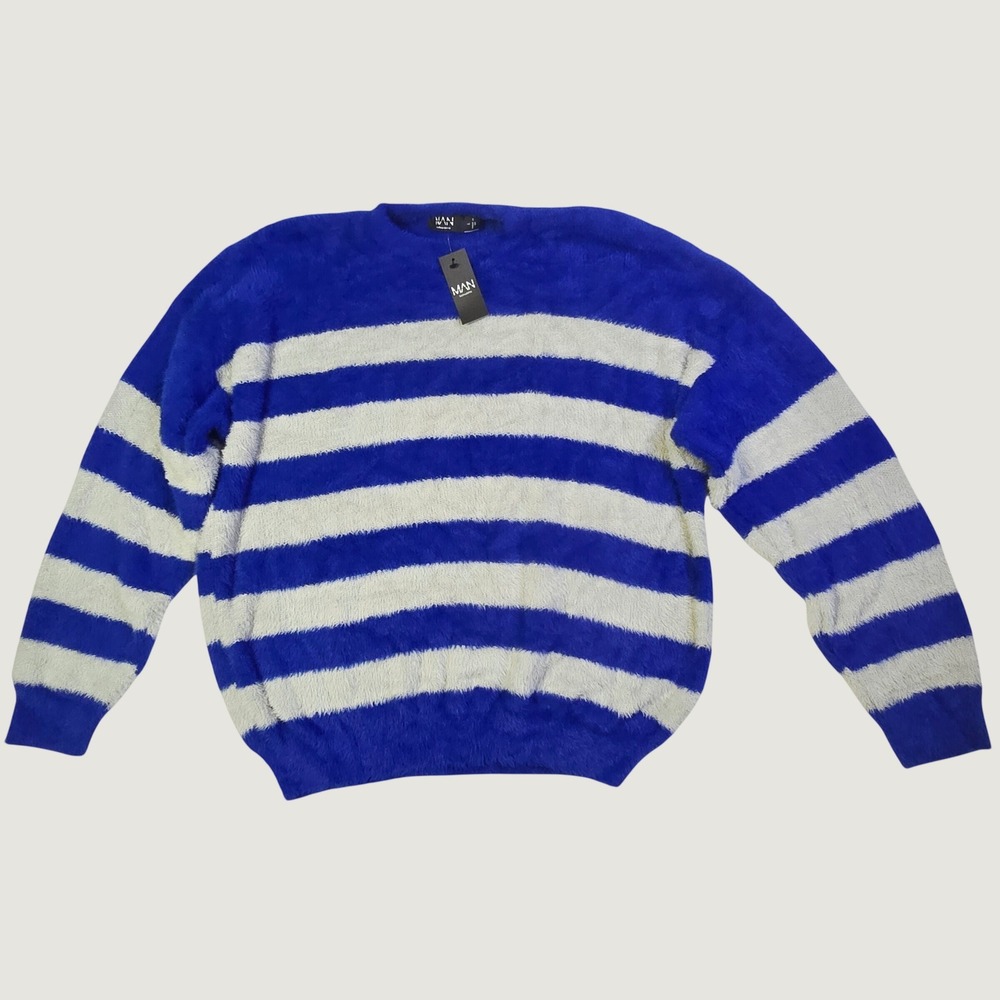 BoohooMAN Mens Striped Fuzzy Knit Sweater Large Blue White Long Sleeve Q14